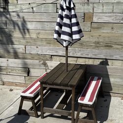 Kids Bench And Table Set Up With Umbrella