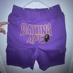 L Purple Bape Sweat Cargo Shorts 