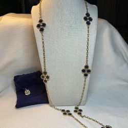 Tory Burch Cole Navy Blue 16k Gold Played Long Station Necklace with Dust Bag