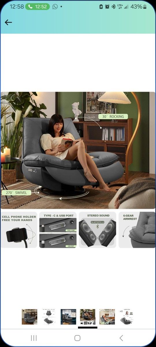 Oversized Electric Rocker Recliner Swivel Glider with 43.7'' Sitting Width, Power Recliner Chair with USB Ports & Smart Voice Control, 270° Swivel Gli