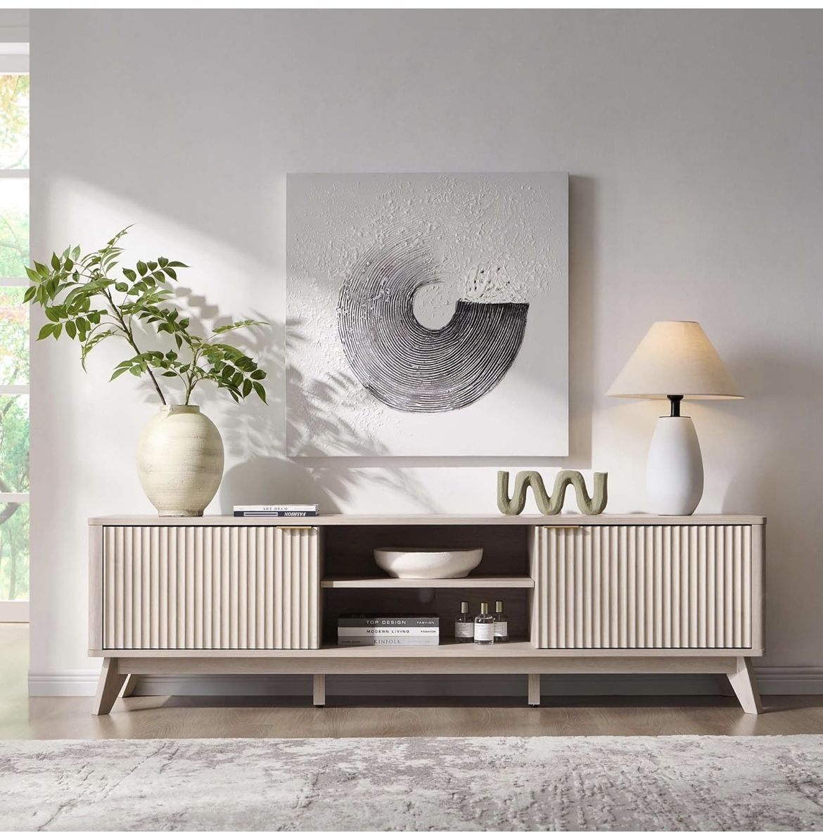 NEW - 70" Mid Century Modern Fluted TV Stand, Entertainment Center, Sideboard, Media Console for Living Room with 2 Soft Close Door/Adjustable Shelves