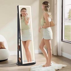 LED Jewelry Cabinet Standing, Lockable Armoire With Full-Length Mirror and Adjustable Lights, Space-Saving Organizer, Christmas Gifts for 