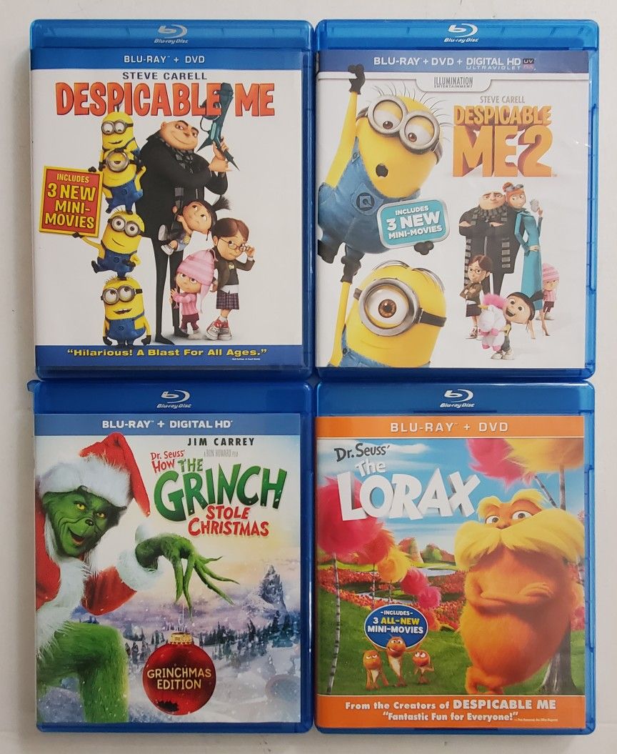4 Animated Blu-ray DVD Lot Despicable Me 1 & 2 Dr Seuss The Lorax & The Grinch Kids Family Movies