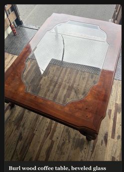 Burl wood coffee table, beveled glass