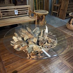 Teak Root Coffee Table W/ Glass Top