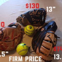 2 RIGHT HAND BASEBALL OR SOFTBALL FIRST BASE GLOVE.  ONE LEFT HAND FIRST BASE GLOVE.  FIRM PRICE /EVERY ONE. READ EVERYTHING PLS 