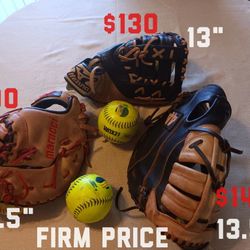 2 RIGHT HAND BASEBALL OR SOFTBALL FIRST BASE GLOVE.  ONE LEFT HAND FIRST BASE GLOVE.  FIRM PRICE /EVERY ONE. .. MARUCCI IS GONE!