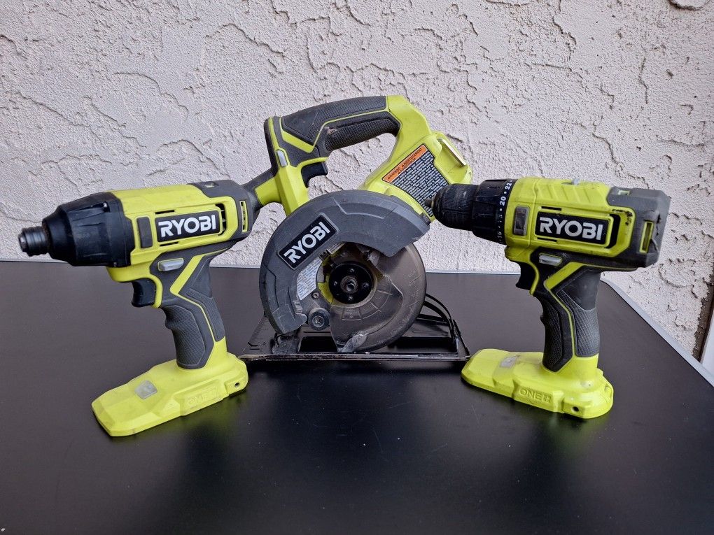 RYOBI ONE+ 18V Cordless 2-Tool Combo Kit, featuring a circular saw, a drill/driver, and an impact driver. 