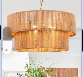 Boho Rattan Pendant Light, Wicker Hanging Drum Chandelier 17.8-inch Bohemian Three-Light Drum light fixture， for Dining Rooms, Bedrooms, Kitchens, Hal