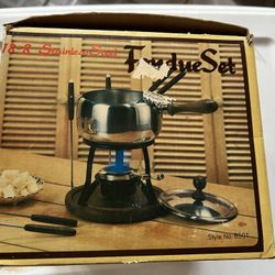 Vintage Mid-Century Stainless Steel & Wood Fondue Set IOB