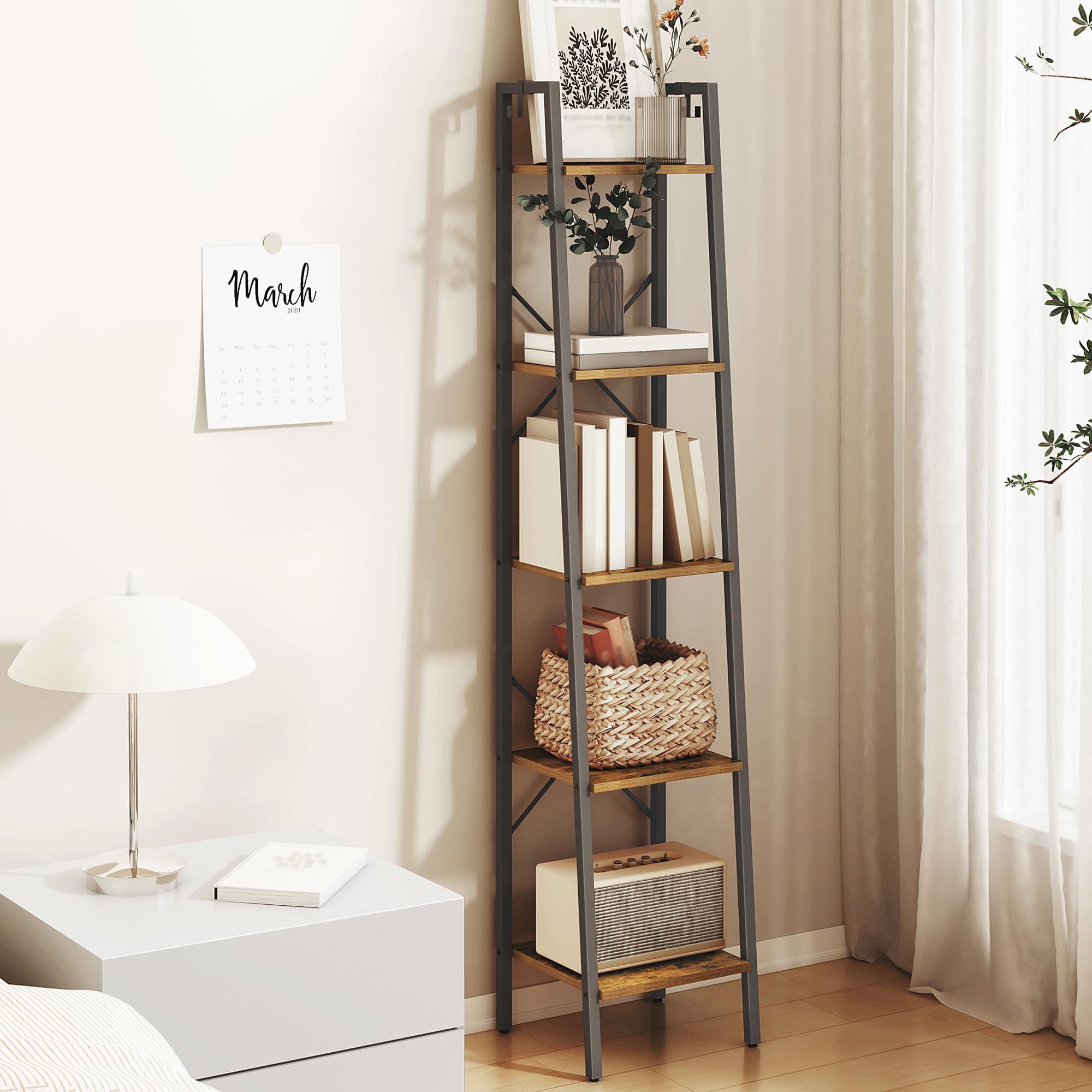 5 Tier Wood Ladder Shelves Organizer Storage Size Length 13", Height 63" New Condition Assembled