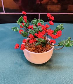 Vintage beautiful hand beaded glass beaded flower plant with ceramic planter