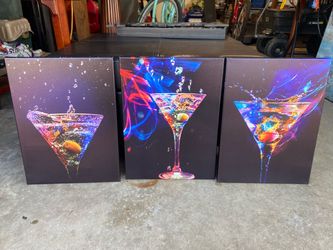 Modern Martini Glass Canvas Wall Art Set of 3, 16” x 12” each.