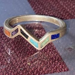 Very nice Navajo different colors of turquoise inlay sterling silver size 7 ring