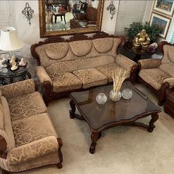 Couches Sofa Loveseat Chair 3-piece European-style living room set w/ carved wood upholstered seating.  *AS-IS CUSHIONS NEED RESTORING *PRICE IS FIRM*
