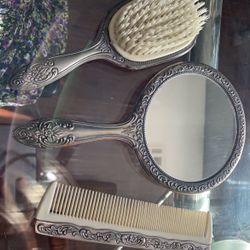 Antique Vintage Chic Decoration Mirror Comb Brush Hair Silver Vanity Set 