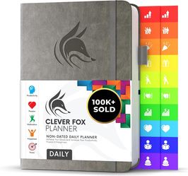 Clever Fox Planner Daily Best Agenda Calendar Boost Productivity Hit Goals Gratitude Journal Organizer 5.8x8.3 Undated 6 Months Grey