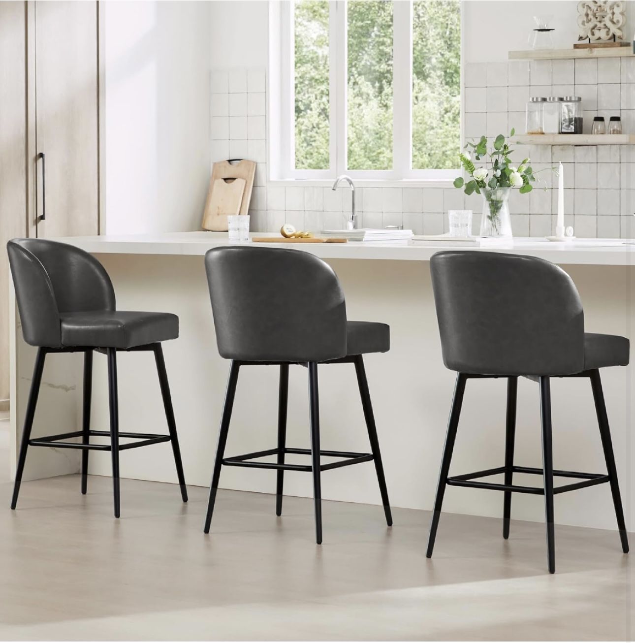 Counter Height Bar Stools Set of 3, 360° Swivel Upholstered Barstools with Backs and Metal Legs, 26" H Seat Height, Faux Leather in Grey