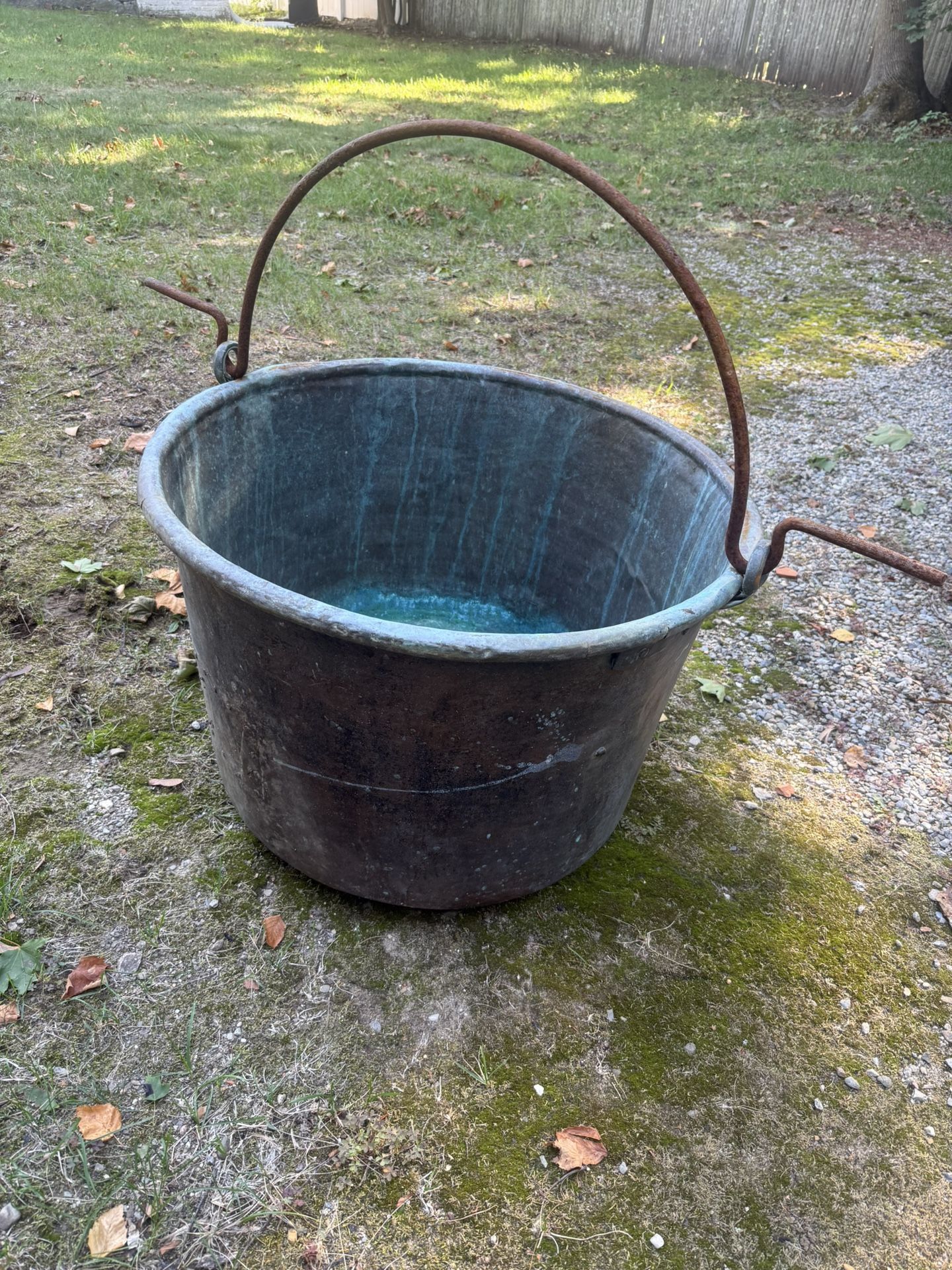 Large Antique Copper Apple Butter Kettle with Wrought Iron Handle