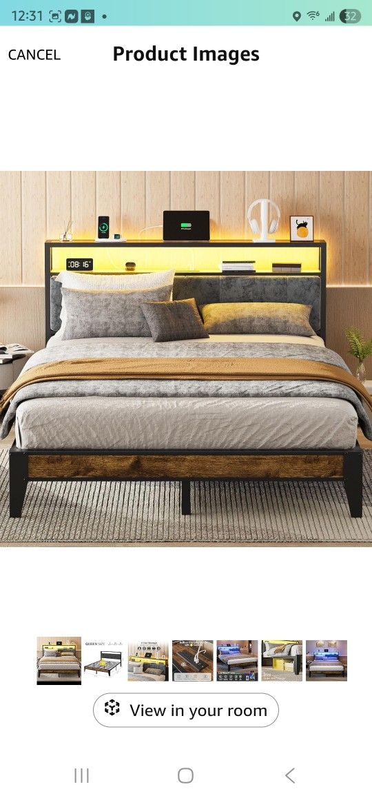 OLEVS Queen Bed Frame Metal Platform Bed Queen Size with 2-Tier Storage & LED Light Headboard, Charging Station Type C, No Box Spring Needed