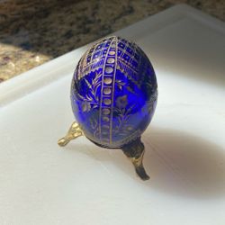 Glass Faberge Egg ( Blue With Gold Etchings )