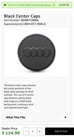 Audi OEM Wheel center caps Matte Black Rings