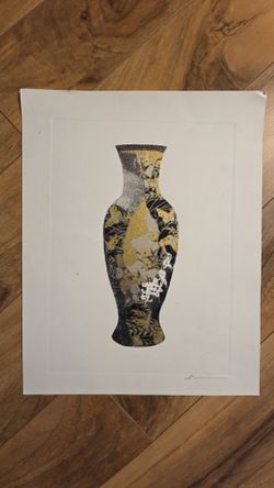 Decorative Vase Mixed Media Artwork – Black, Gold, and Floral Pattern