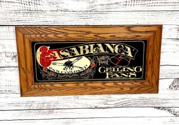 Vintage Casablanca ceiling fan company sign Pasadena California. Very nice quality made wooden glass sign made by Hensley  in 1983.  30x15          Ta