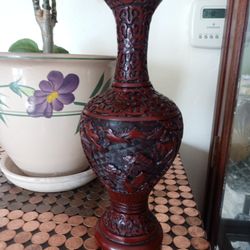 Antique red lacquer vase China carved leaf and flower decor 