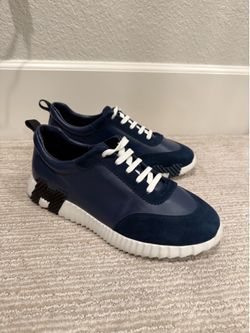 Hermes Men’s Navy Blue Leather & Suede Bouncing Sneakers Size 45