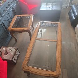 Gorgeous Hardwood Etched Glass Set Coffee Table, End Table Pair