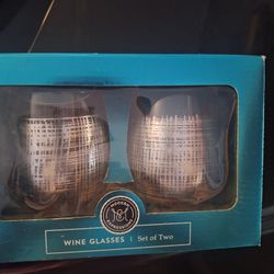 Hand Printed Stemles .set Of 2 Wine Glasses