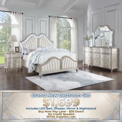 4-Piece Glam Bedroom Set with LED Bed| buy now pay later $39 down