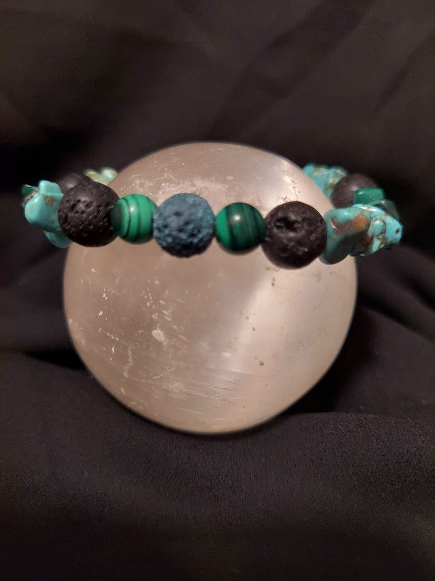 Malachite, Turquoise Howlite, Blue And Black Lava Rock Crystal Bracelet