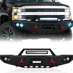 Pickup Truck Front Bumper Compatible with 2015-2019 Chevy Silverado 2 HD Off-Road Bumper Equipped with Winch Plate, Sensor Holes, 5 x LED Ligh