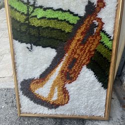 Framed Vintage Latch Hook Textile Art – Mid Century Modern Wall Hanging