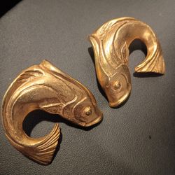 Vtg Vintage Large Fish Earrings Gold Tone