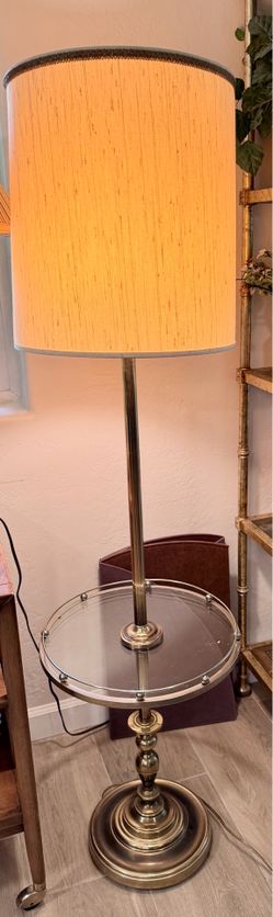Vintage MCM Stiffel Brass and Glass Floor Lamp w/ Glass Table HEAVY Hollywood Regency