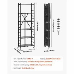 6-Tier Foldable Storage Shelf, 24W x 12D x 72H Inch Folding Metal Rack Shelving Unit, No Assembly Organizer Shelf with 5 Wheels & 4 Hooks for Pantry, 
