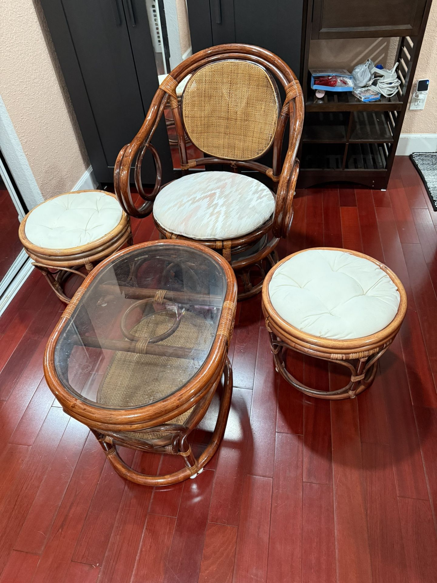 Vintage Rattan Swivel Chair And Stools With Glass Top Table