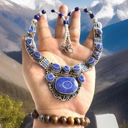 Vintage & Elegant Handcrafted Ethnic Style Statement Necklace With Inlay Lapis Stone & Silver 19”inch & 130grams