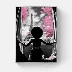 African American Wall Art Black Girl Pink Flowers Canvas - 16"x 24" - Framed