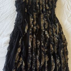 Twenty One Black & Gold Ruffled Mini Dress – Sheer Layered Evening Dress (Size S) 