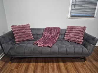 Gray Tufted Velvet Sofa with Gold-Tipped Legs