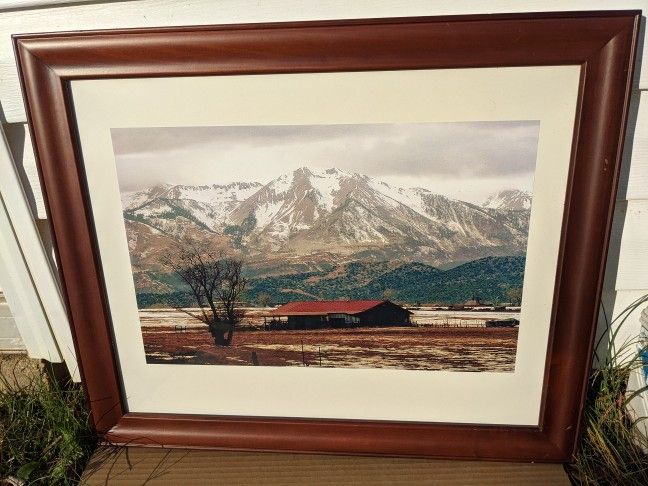 Wood Framed Mountain Scene with Red Roofed Barn Photograph 23-3/16 x 19-3/16"