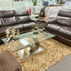 4th Of July Pre Offer🇺🇸Stunning Chocolate Real Leather Power Reclining Sofa&Loveseat On Sale $1699