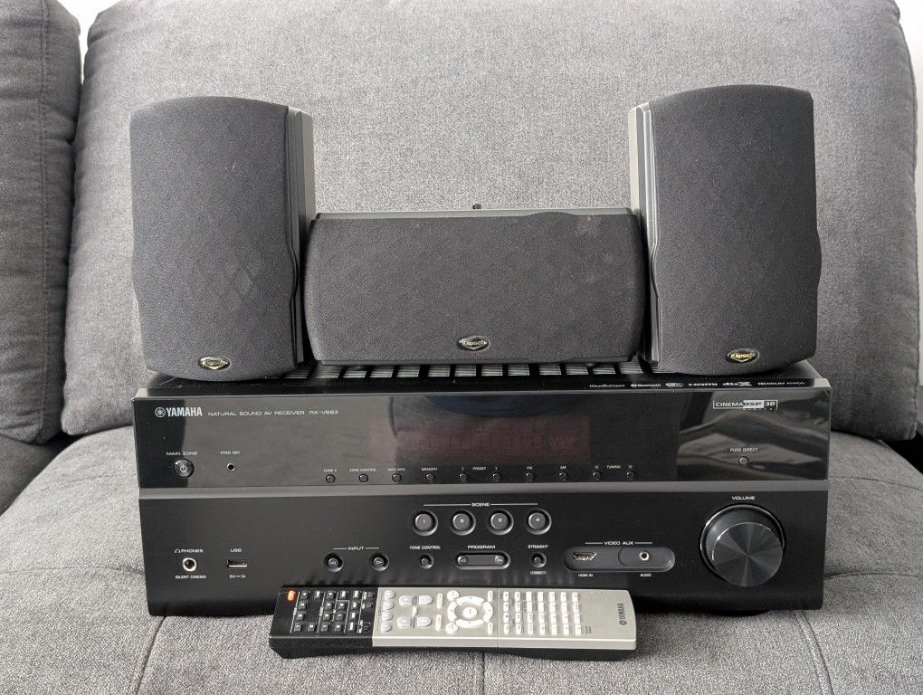 Home Theater Setup (Yamaha RX-V683 Receiver, Klipsch Satellite Speakers, Bic V1220 Subwoofer)