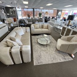 Comfy Modern Ivory Cream And Gold Sofa,loveseat & Accent Chair 🪑 Not Credit Needed 🥳Same Day Delivery 🚚 $49 Down