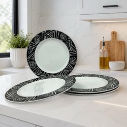 Delco Royal Porcelain 12” Dinner Plates Black White Tribal Set 4 Vintage