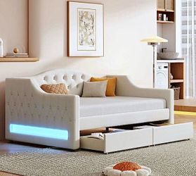 Gorgeous New Button Tufted Beige Twin XL Daybed w/ Storage Drawers Lighted Arms